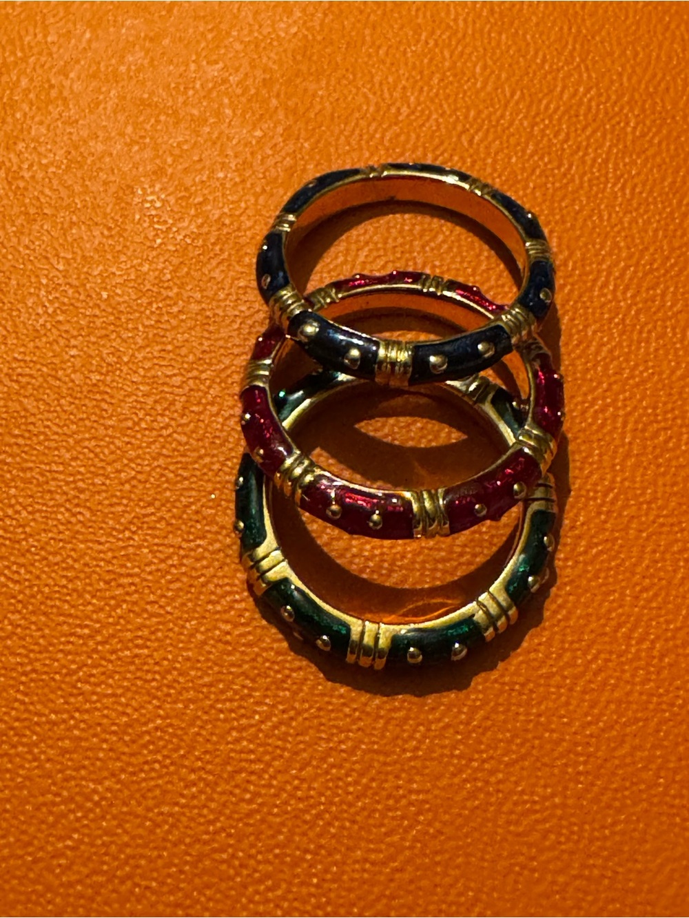 Gold-Tone Enamel Trio Rings — Blue, Red & Green